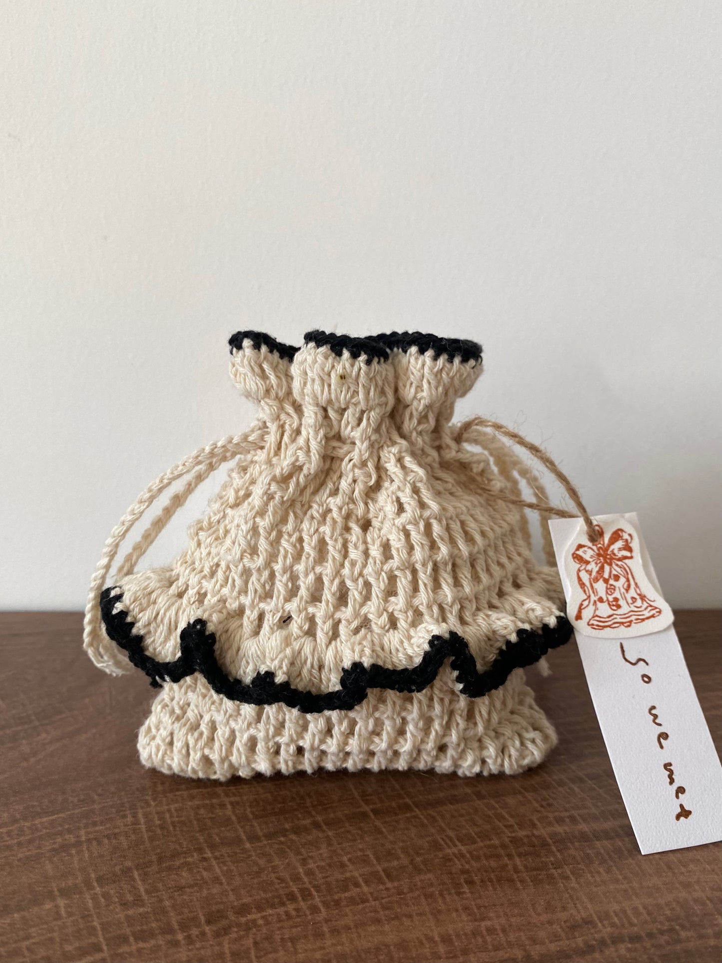 Small White Drawstring Pouch with Black Lace