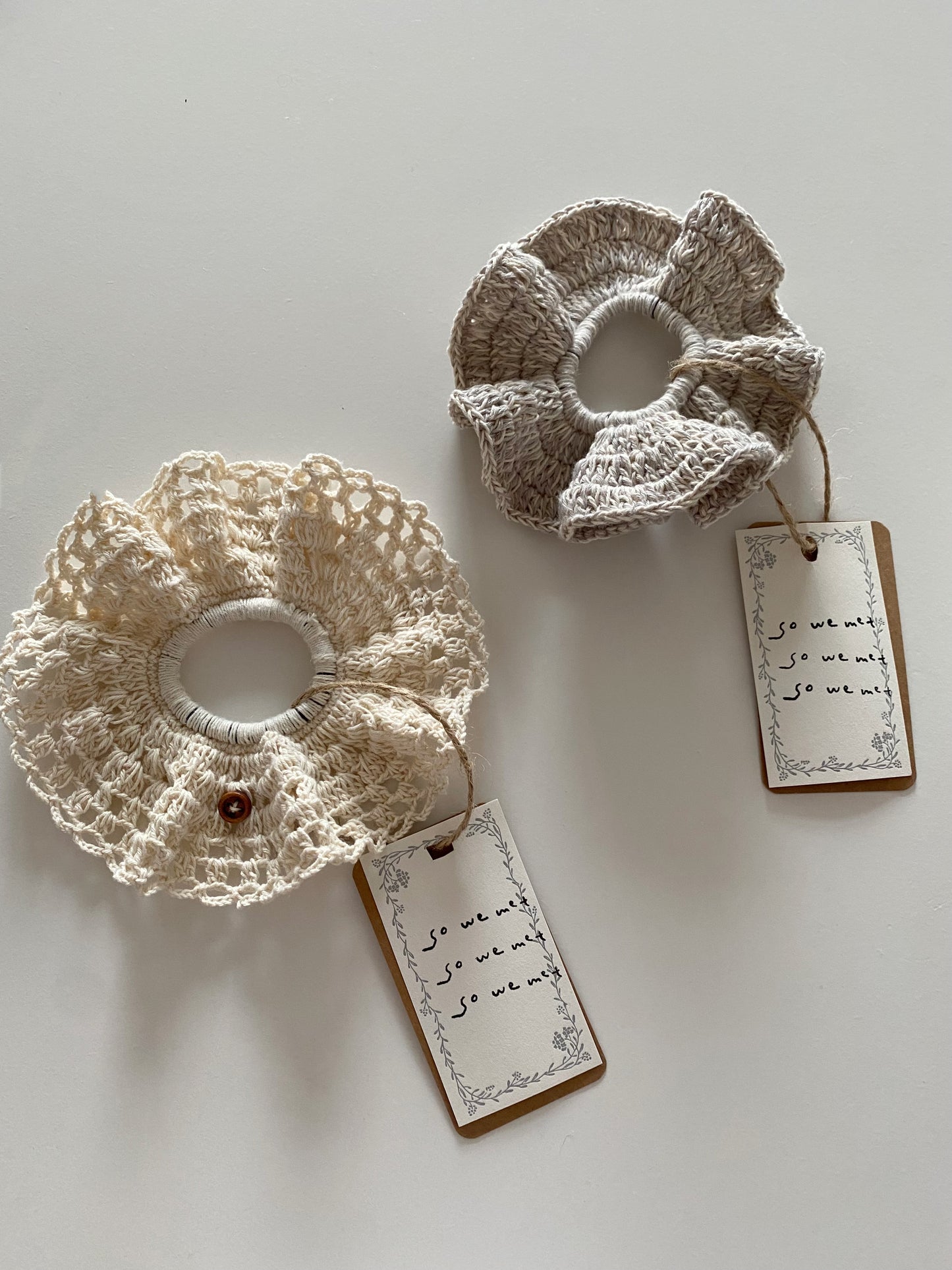 White Crochet Scrunchie with Wooden Button