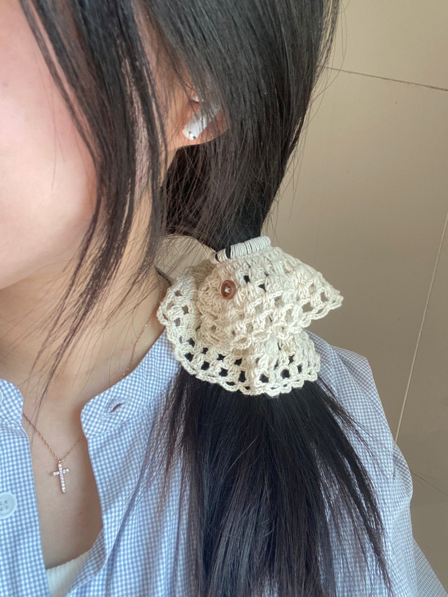 White Crochet Scrunchie with Wooden Button
