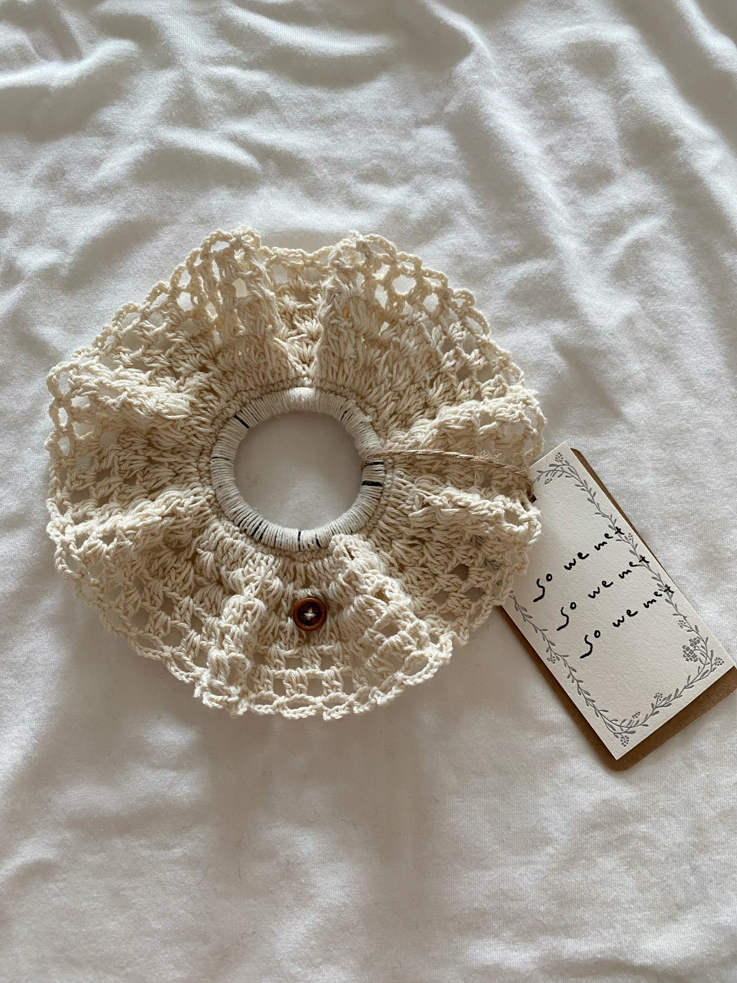White Crochet Scrunchie with Wooden Button