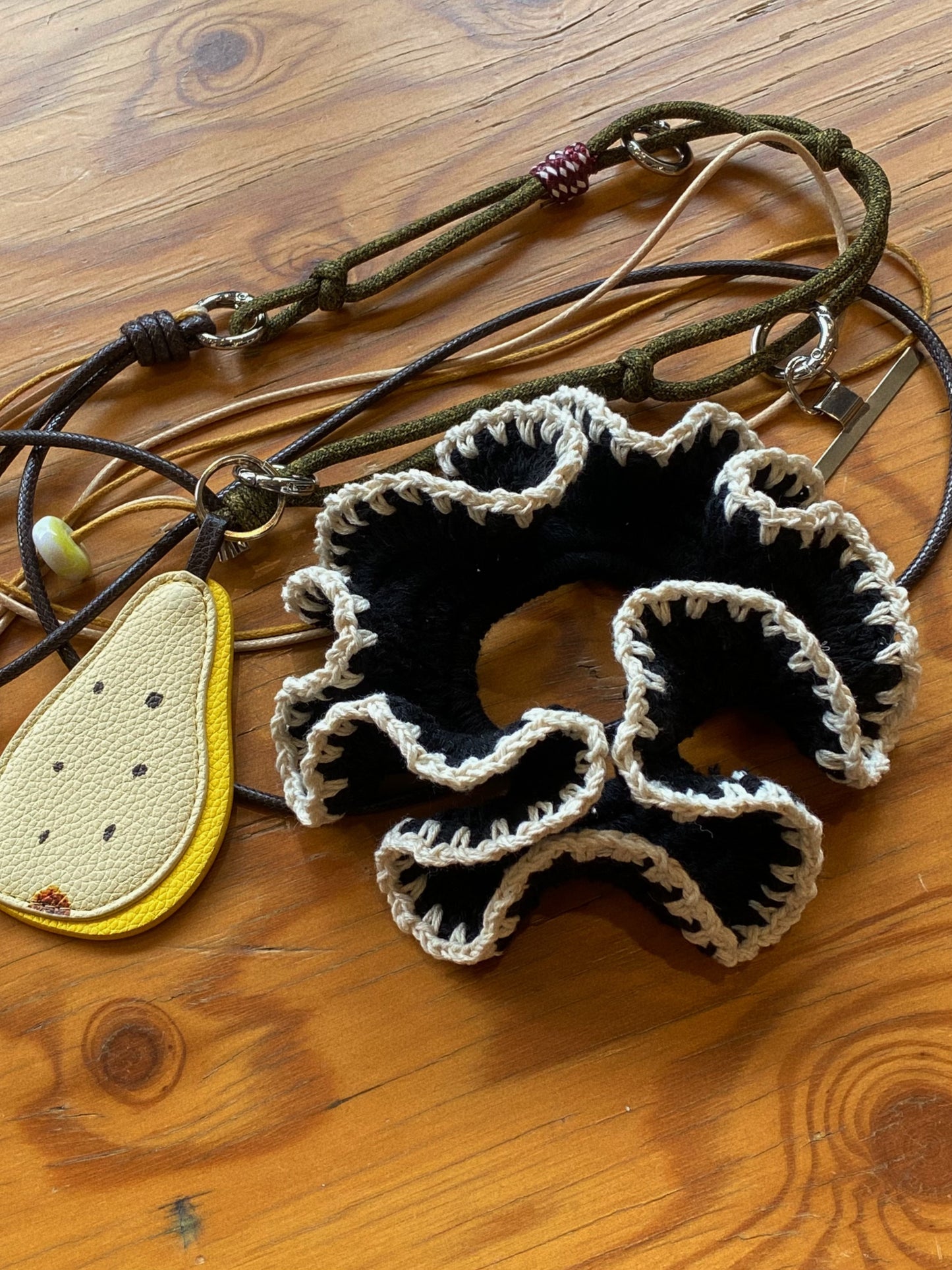 Black Crochet Scrunchie with White Trim