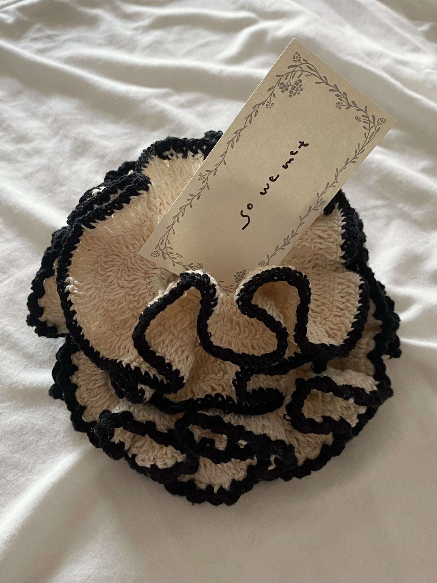 White Crochet Scrunchie with Black Trim (2 Size)
