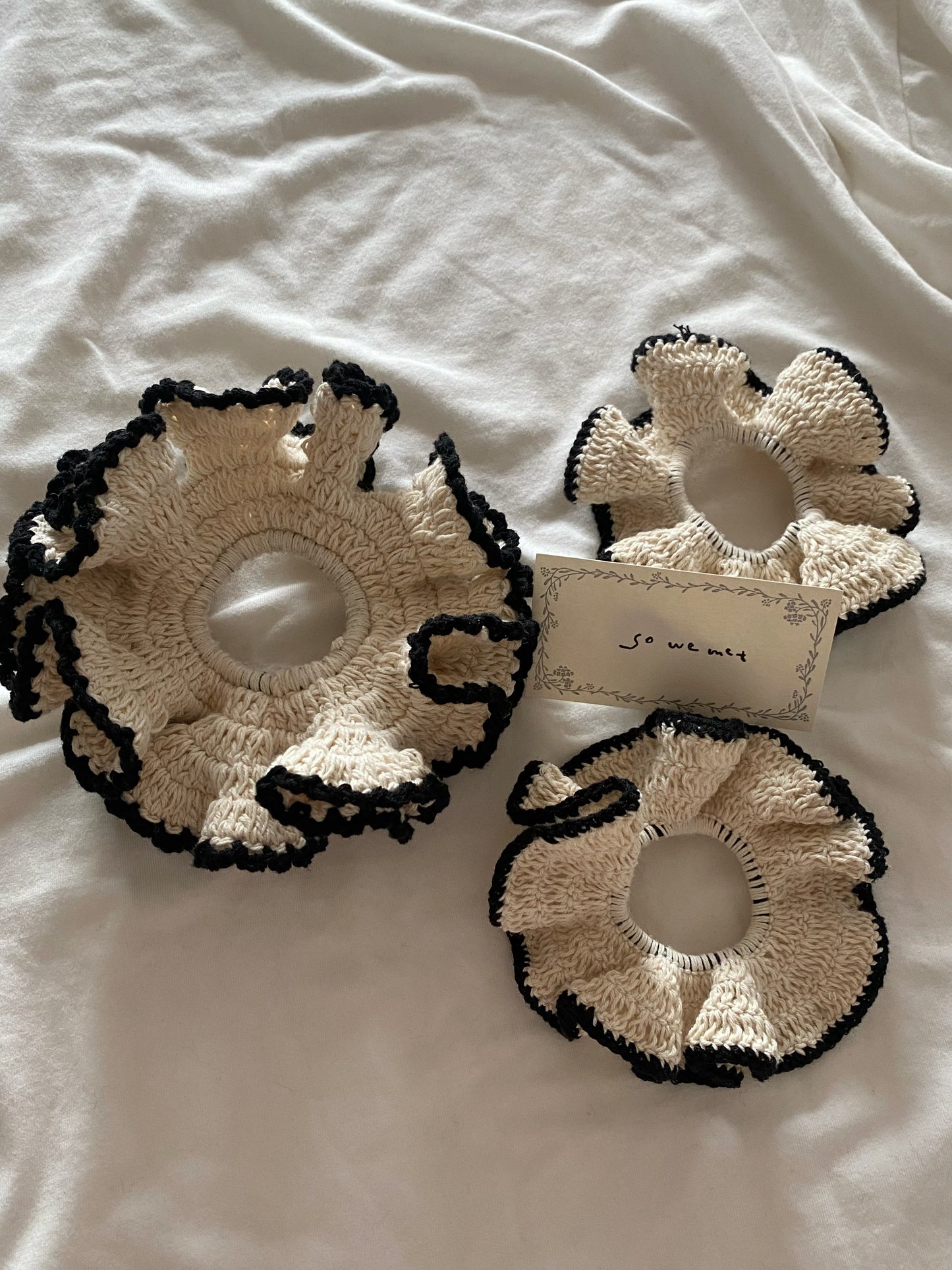 White Crochet Scrunchie with Black Trim (2 Size)