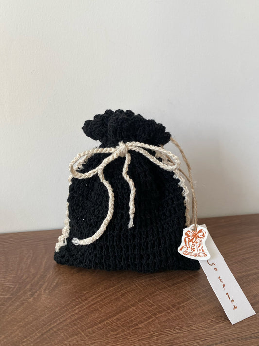 Black Drawstring Pouch with White Trim