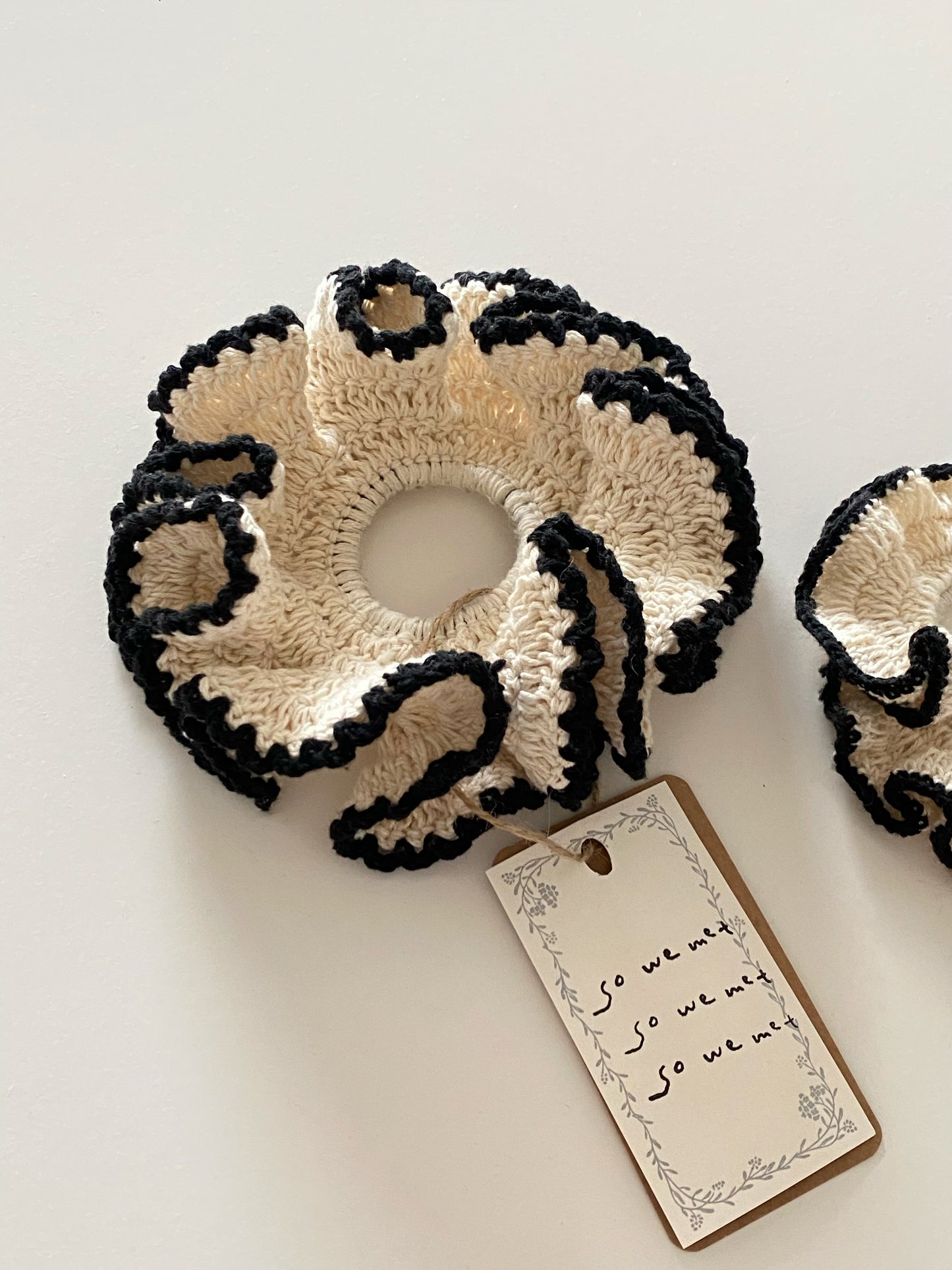 White Crochet Scrunchie with Black Trim (2 Size)