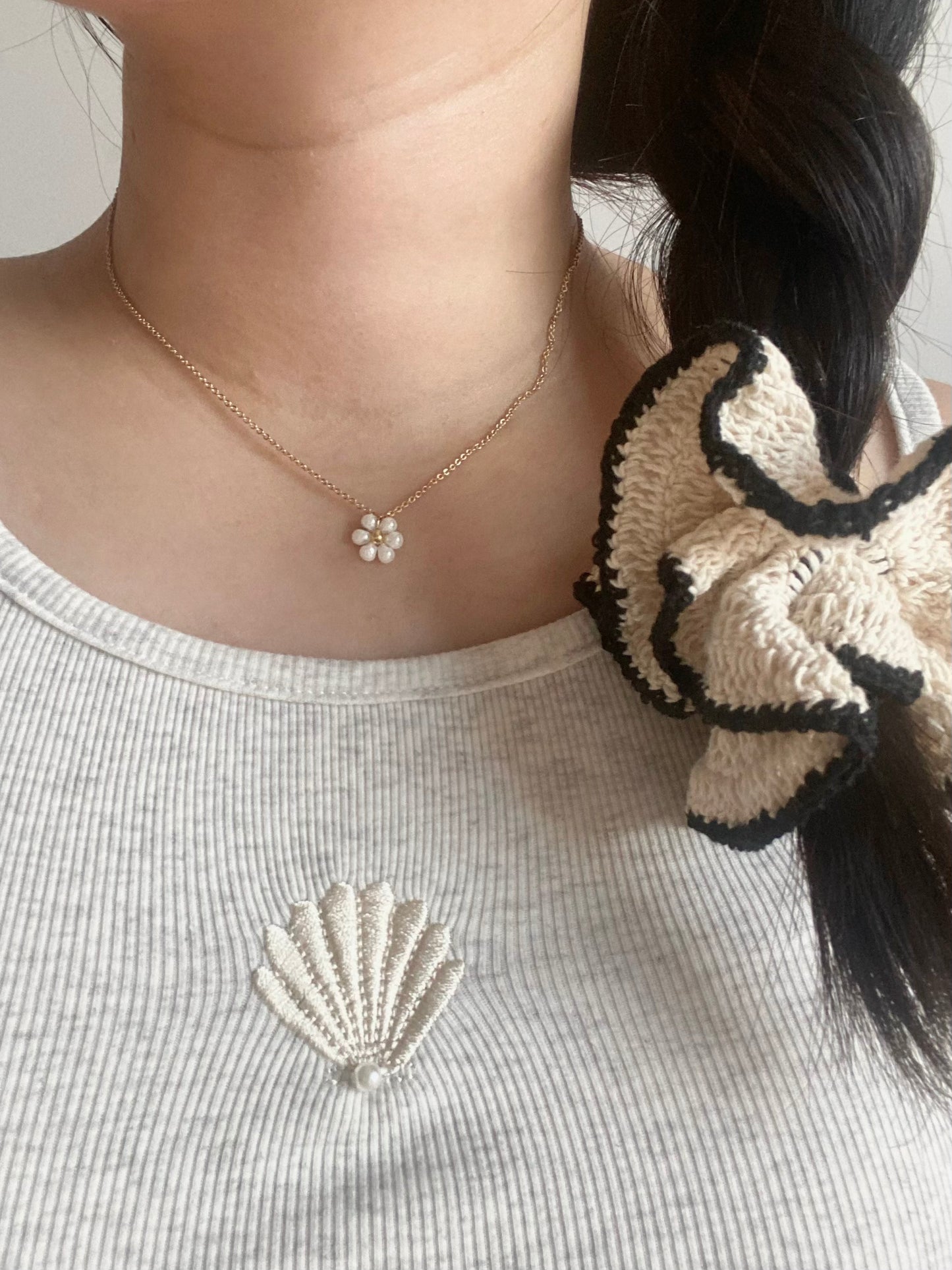 White Crochet Scrunchie with Black Trim (2 Size)