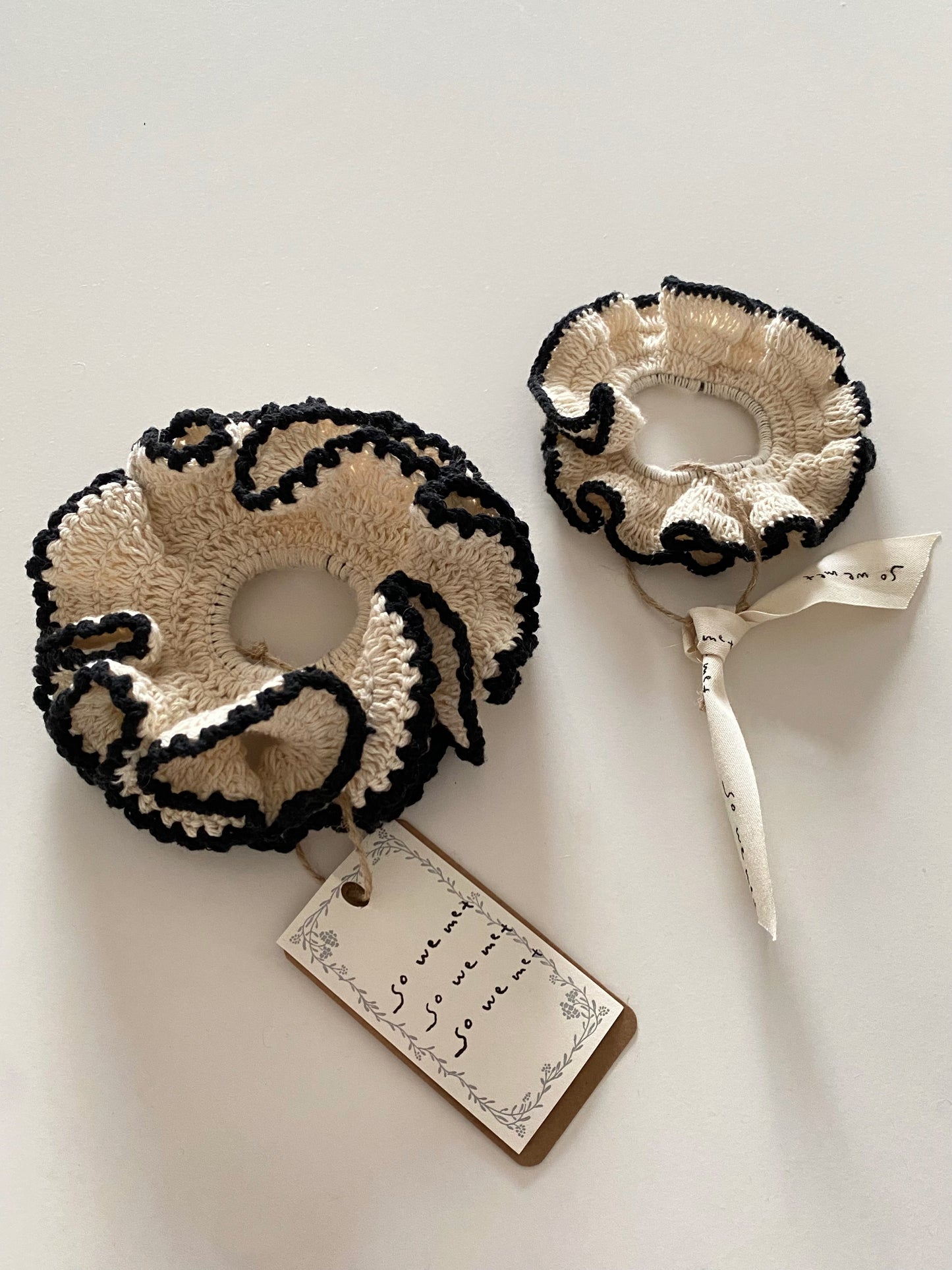 White Crochet Scrunchie with Black Trim (2 Size)