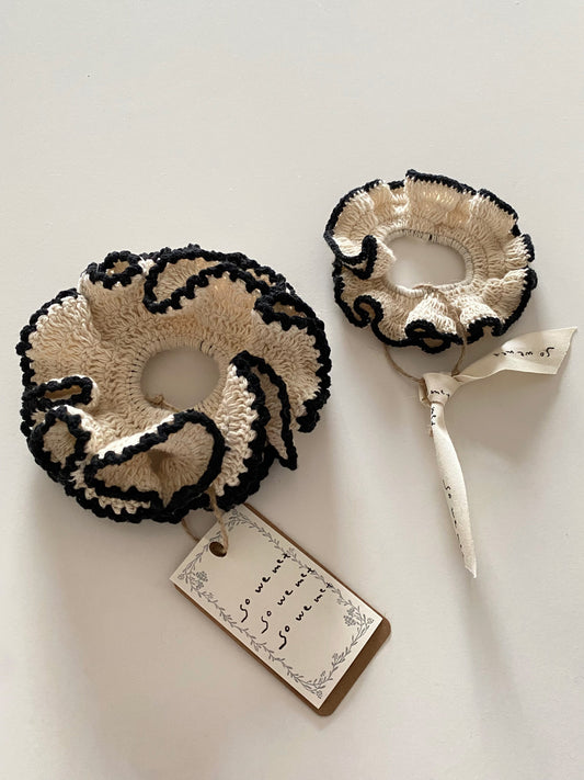 White Crochet Scrunchie with Black Trim (2 Size)