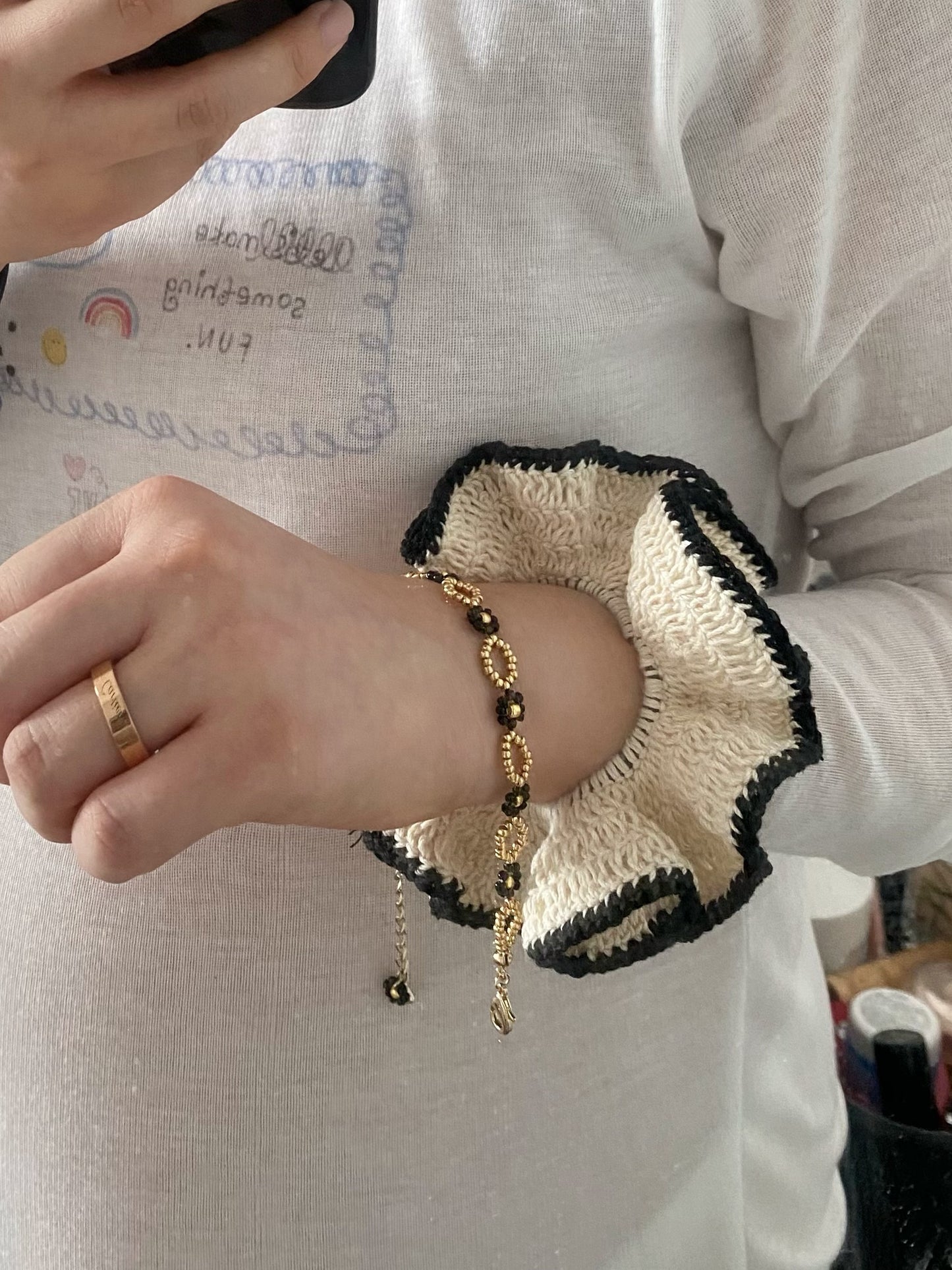 White Crochet Scrunchie with Black Trim (2 Size)