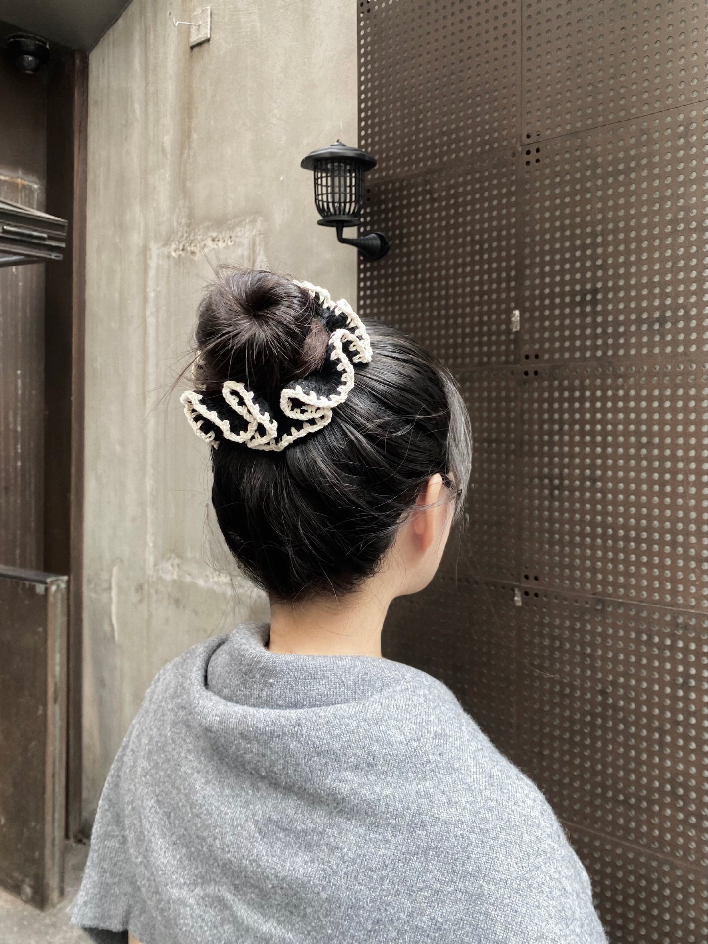 Black Crochet Scrunchie with White Trim