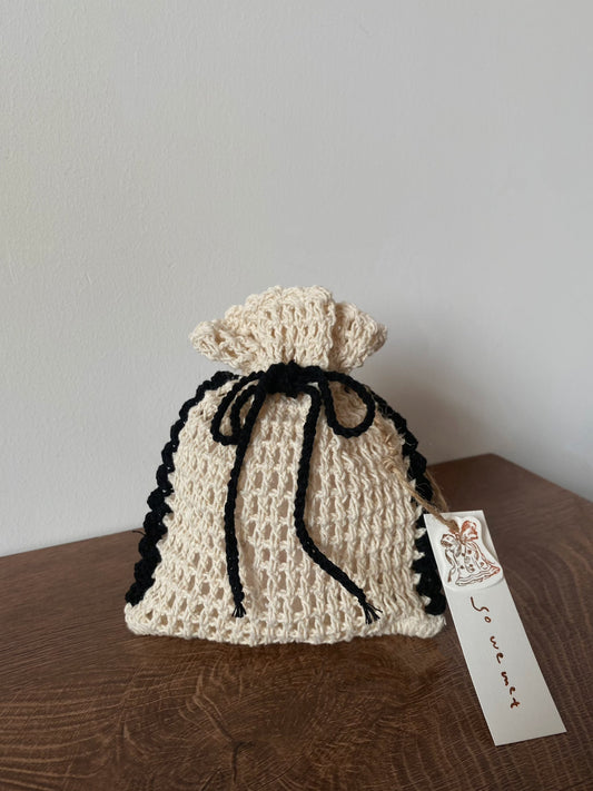 White Drawstring Pouch with Black Trim