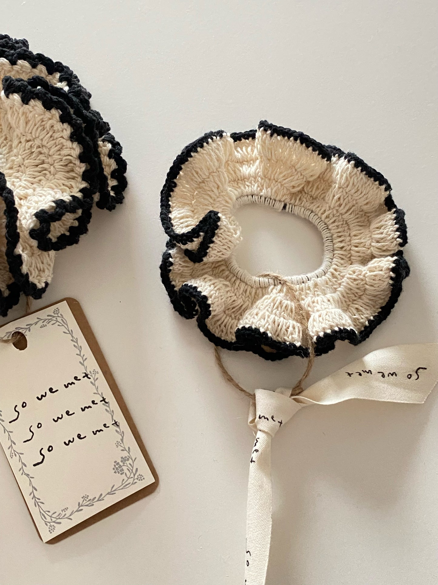 White Crochet Scrunchie with Black Trim (2 Size)