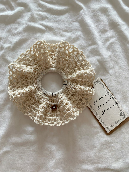 White Crochet Scrunchie with Wooden Button